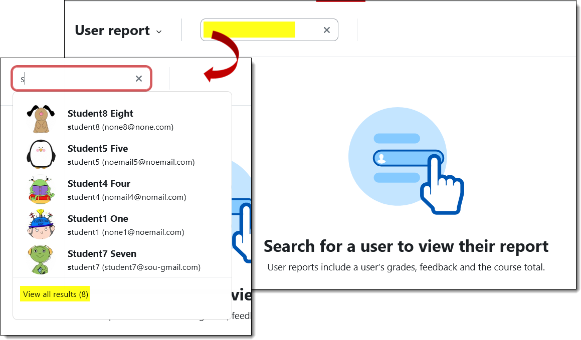 Screenshot of user report search field with inset of student list