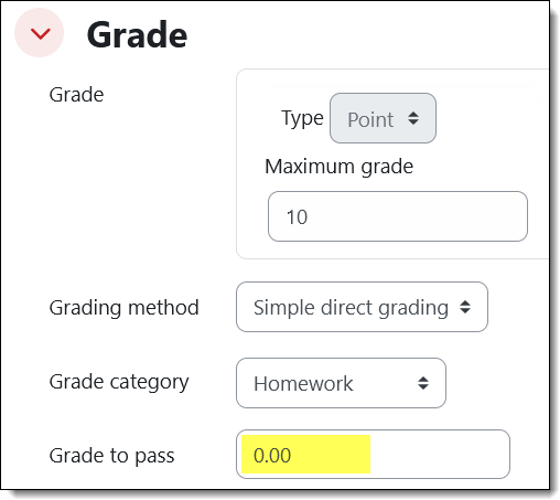 Screenshot of Grade options section with Minimum grade highlighted