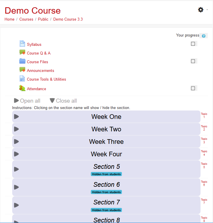 Screenshot of course with collapsed topics