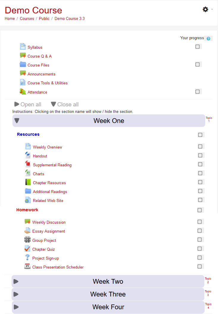 Screenshot of expanded section of collapsed topics