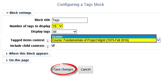 Screenshot of configure tags