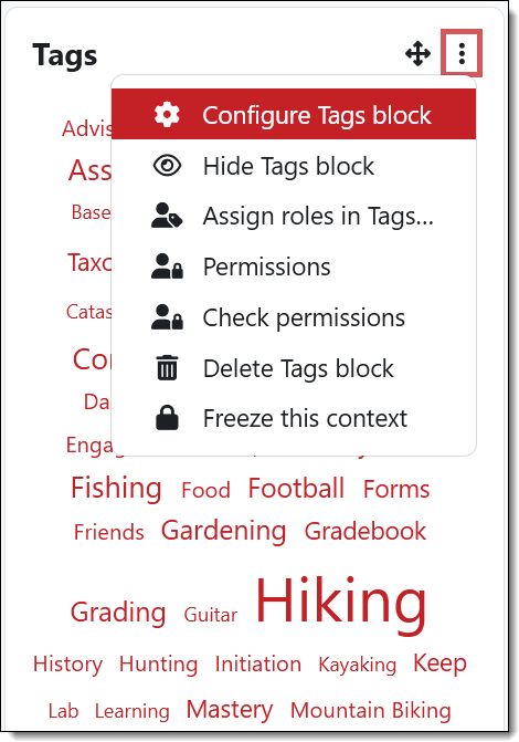 Screenshot of Tags block with random tags listed and configure option highlighted
