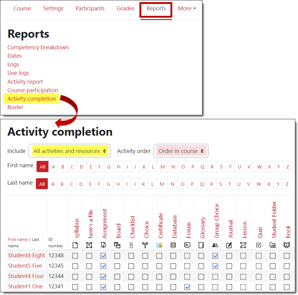 Screenshot of activity completion report