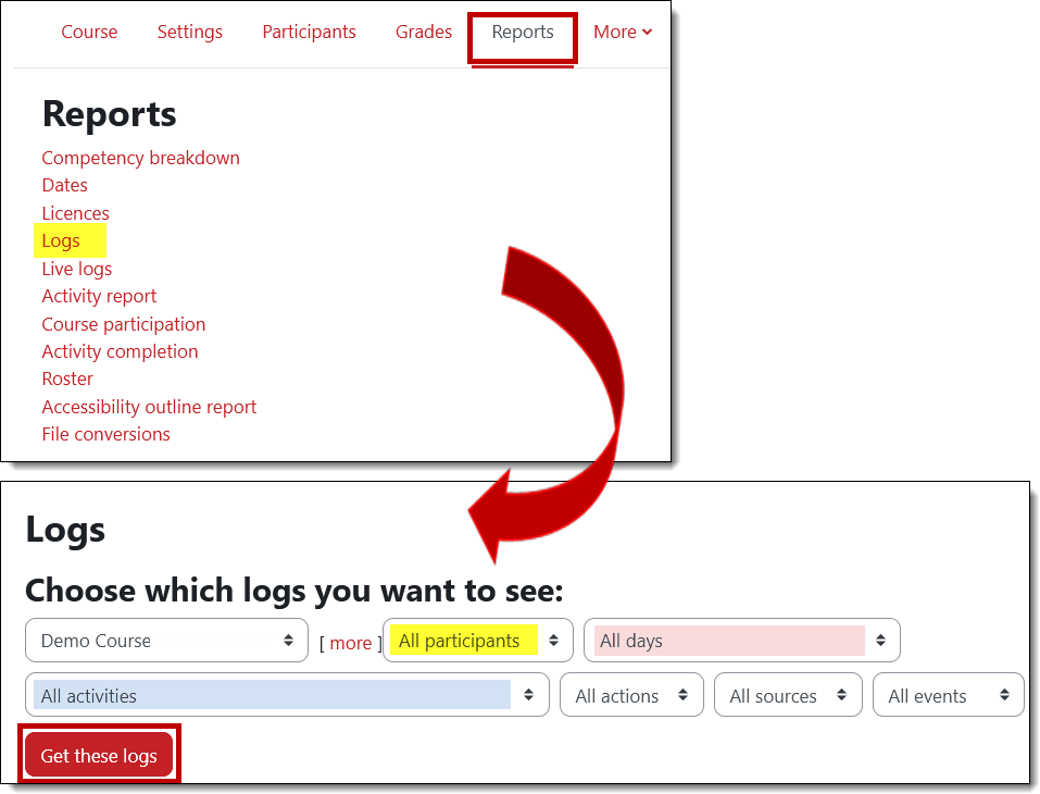Screenshot of activity log options
