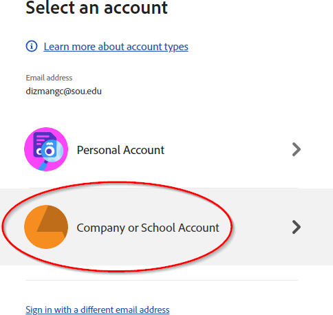 Picture of the different account types that Adobe asks for which you are signing into and the company and school account is highlighted in this list