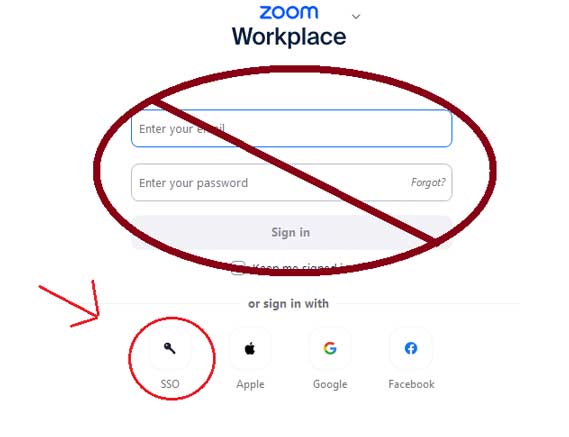 Picture of the zoom app sign in page with the SSO option on the bottom left highlighted