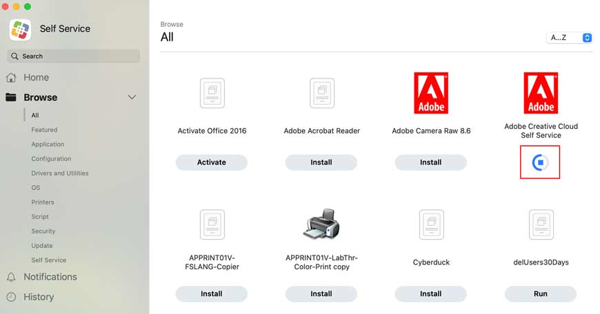 Picture of the self service app installing adobe creative cloud which it indicates by a buffering circle and a stop button in the middle of that buffering circle