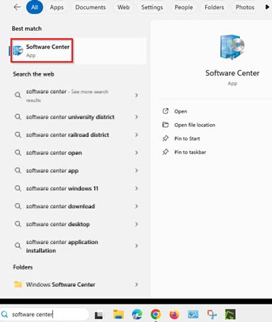 Picture of the Software Center highlighted in the windows search menu