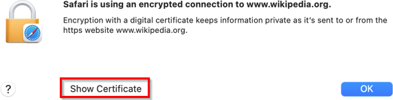 Picture of the dialogue box with the show certificate button highlighted