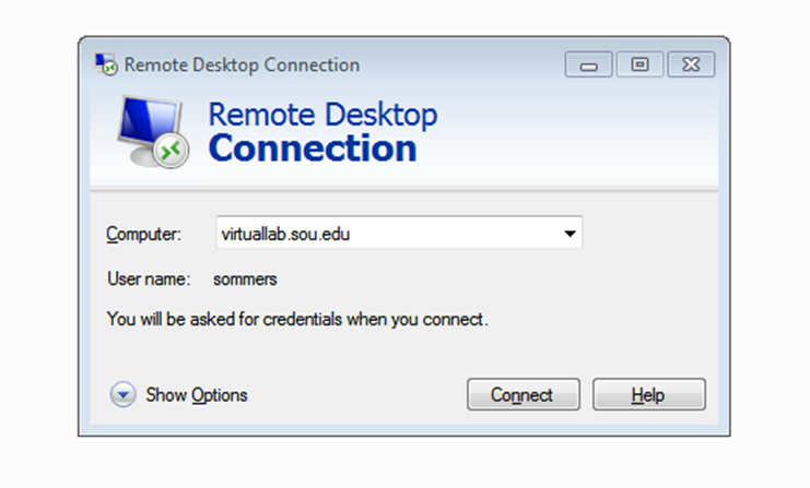 Picture of the remote desktop connection menu with a username and Computer fields available. The computer field is to have the virtuallab.sou.edu filled out first and then if your username is not there, then you can input your username then. At the bottom right of the screen there is from left to right a Connect button and a help button.