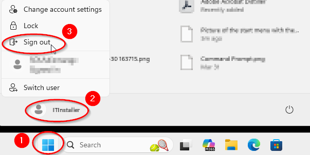 Picture of the Windows 11 start menu and the account action submenu with the options for the windows start button account submenu button and the sign out button all highlighted