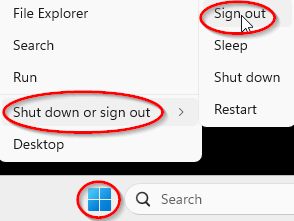 Picture of the context menu after right clicking the windows button and then hovering over the shut down or sign out option with the sign out button finally exposed to be selected.