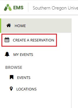 Picture of the create a reservation tab highlighted on the left hand side of the EMS page