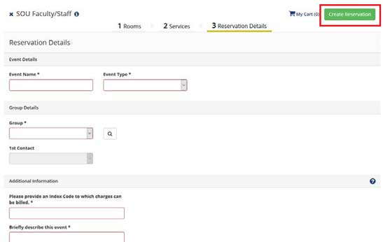 Picture of the final section of the reservation making process, namely the 3rd tab has been selected labeled reservation details. Also highlighted is the create reservation button in the top right of the menu. Also highlighted in red are the text fields that are expected to be filled out before being able to create the reservation