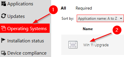 Picture of the software center menu window with the operating systems highlighted on the side menu bar and the Win11 Upgrade package also highlighted.