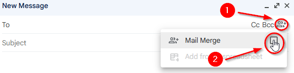 Picture of the Mail Merge icon and the dropdown menu after the mail merge icon is selected