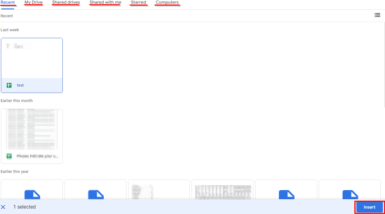 Picture of the spreadsheet selection with the tabs of where to find the spreadsheet that you are looking for highlighted with underlined red and the insert button highlighted after selecting a spreadsheet which is located at the bottom right corner of the screen