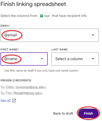 Picture of the fields being synced email recognizing the email column and the name column recognizing the name column in the spreadsheet as well