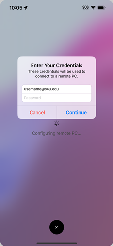 Picture of the sign in screen for connecting to a remote desktop server and the credentials it asks for to do that.
