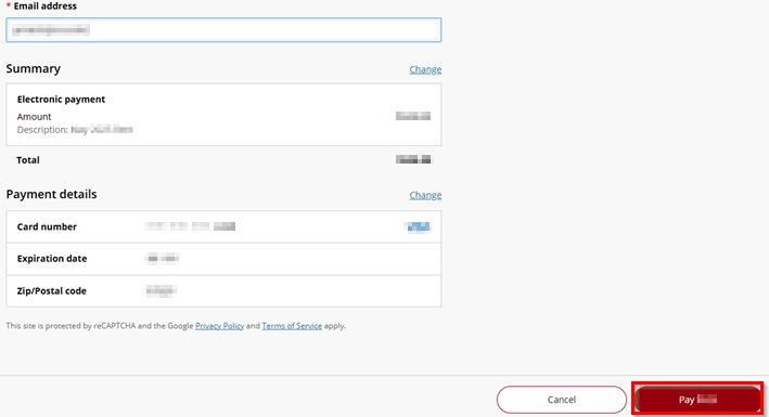 Picture of the final confirmation page with the pay (amount listed) button highlighted
