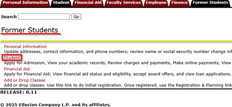 Picture of the former students menu on banner with the Former Students section header highlighted and the student button also highlighted