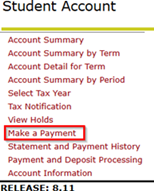 Picture of the Student Account menu with Make a Payment highlighted