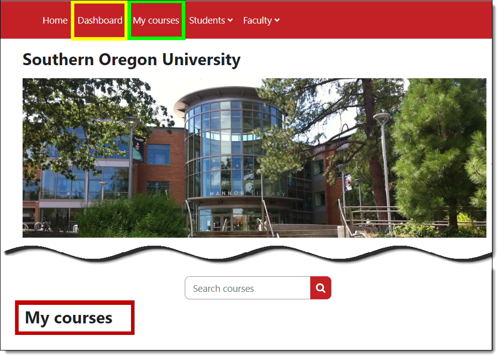 Screenshot of Dashboard and My courses links highlighted on Moodle landing page