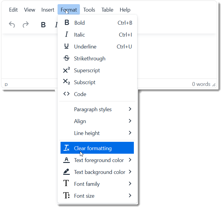 Moodle textbox with Format menu open and Clear formatting highlighted