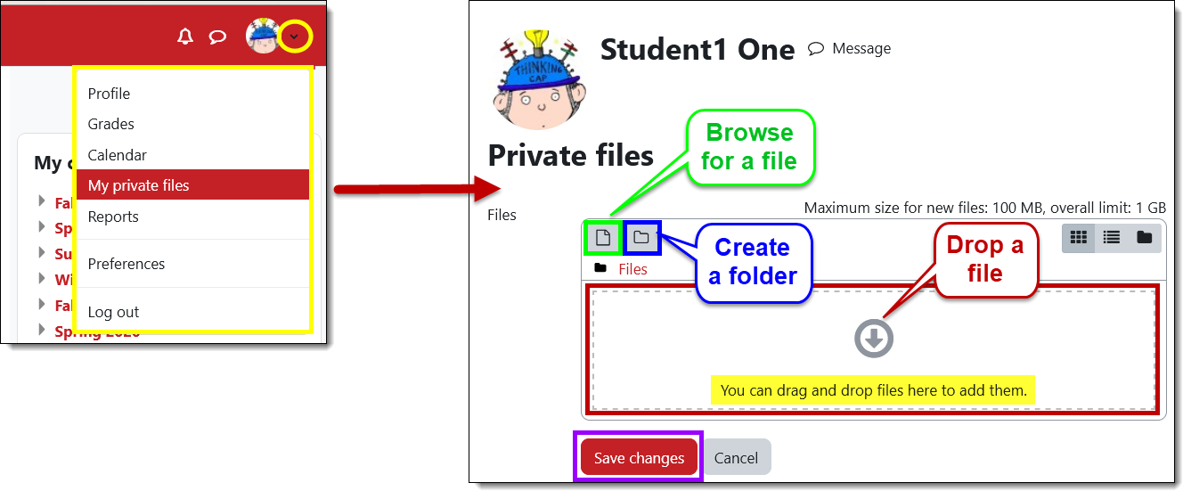 Screenshot of [rivate files area with options highlighted