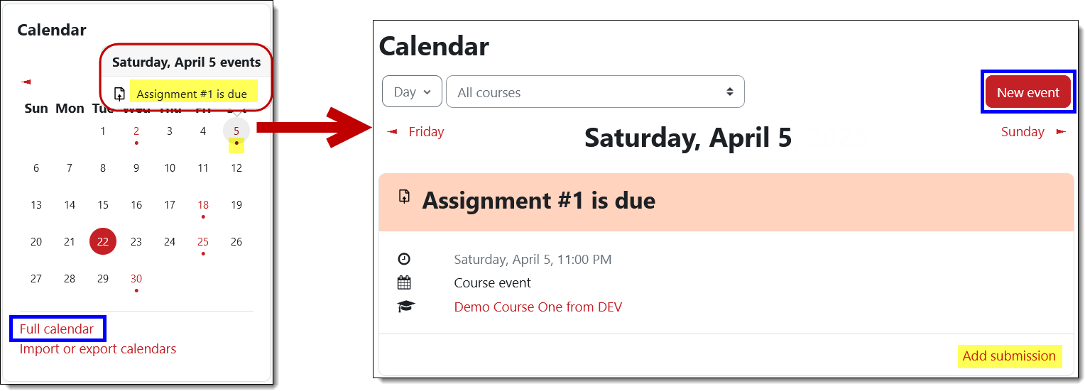 Screenshots of calendar with date highlighted and due date expanded interface
