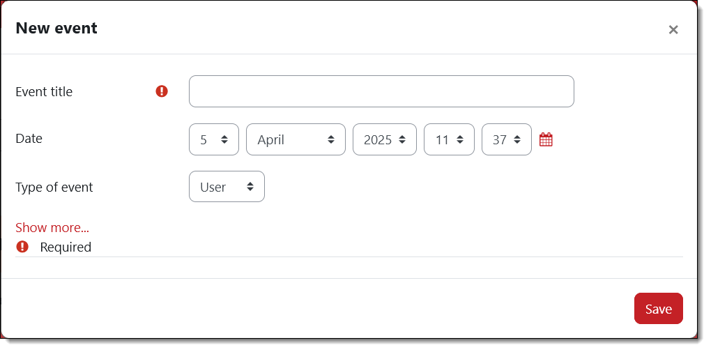 Screenshot of add new event options