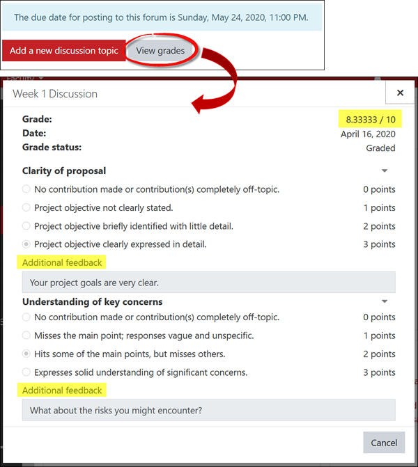 Screenshot of forum link opened and "view grades" highlighted to display feedback
