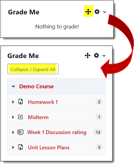 Grade Me block move icon and list of ungraded items