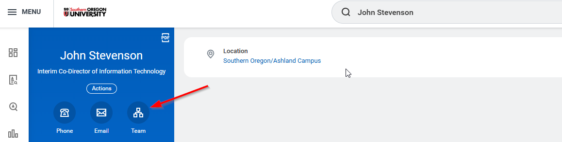 Image of Workday with an Arrow pointing to the Team Icon on an employee profile