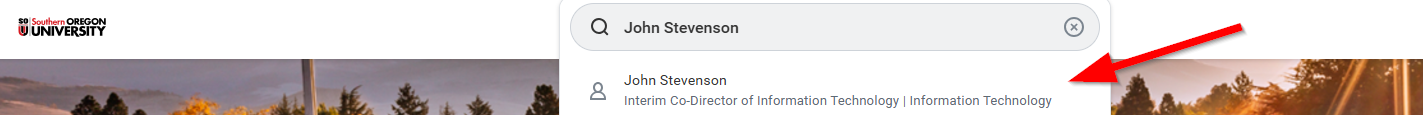 Image of Workday with an arrow to a searched employee