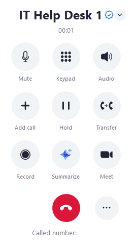 Picture of the menu after accepting a call. There is a mute, keypad, audio, add call, hold, transfer, record, meet, and park options with the hang-up phone icon circled in red at the bottom.