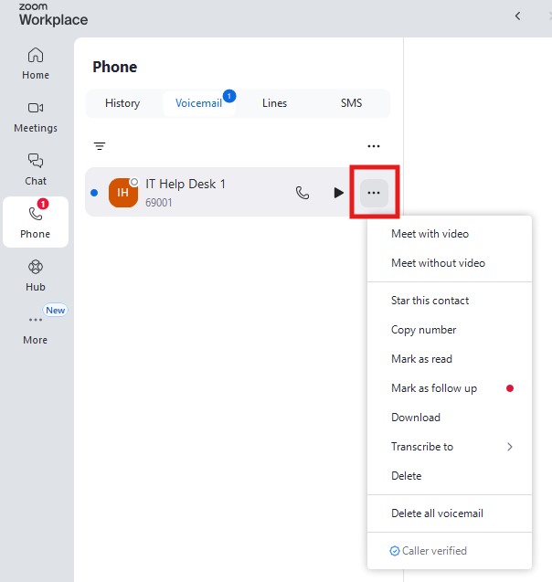 Picture of the voicemail tab that was next to the history tab before under the Phone tab. There is also a meatball menu that is on the right side of one of the calls that are associated with the tab menu that you are under that provides a dropdown menu. Here you can select things like meet with video, star this contact, copy number, download, delete, and even delete all voicemail.