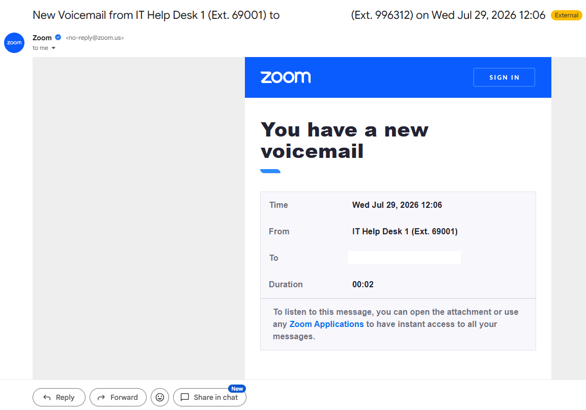 Picture of a zoom email that informs you that you have a new voicemail.