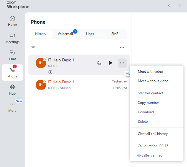 Picture of the history tab under the phone tab with the meatball menu options being very similar to the voicemail ones.