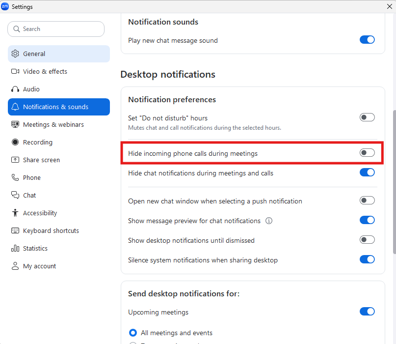 Picture of the zoom settings found under the account dropdown menu. Also highlighted is the Incoming calls checkbox that is titled hide incoming calls while in a zoom meeting.