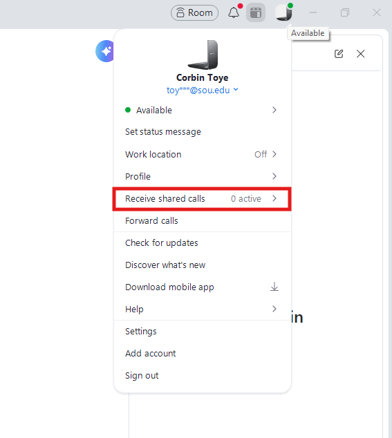 Picture of some more settings under the phone side bar menu setting there is a shared line groups option with a receive calls check box.