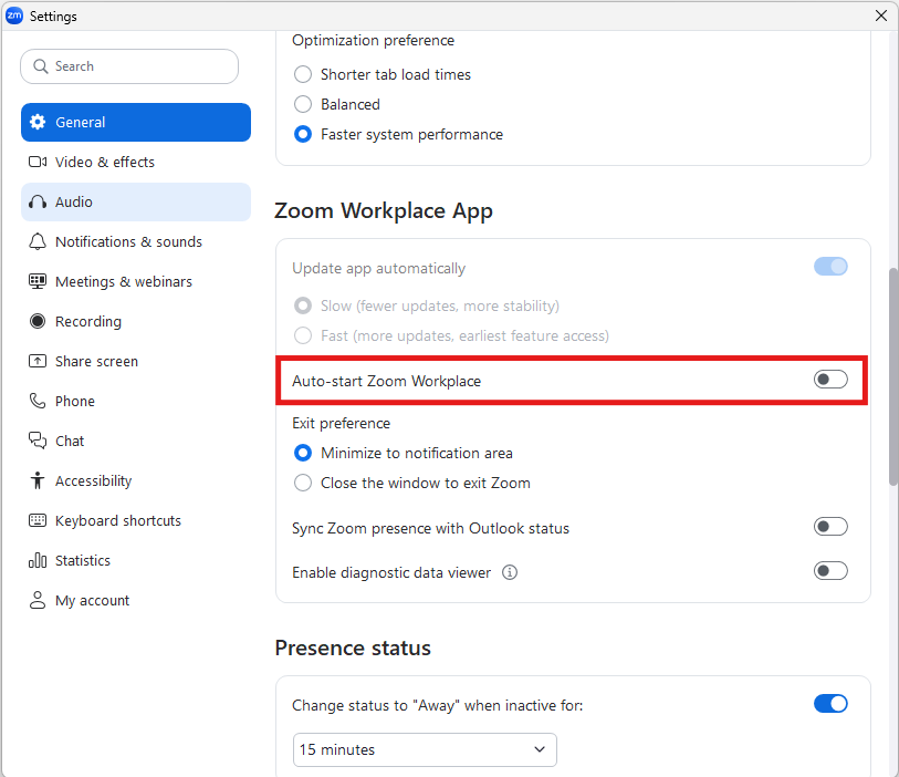 Picture of the general settings that general is a tab selected on the side bar menu. The Start zoom workplace when I start windows option is highlighted.