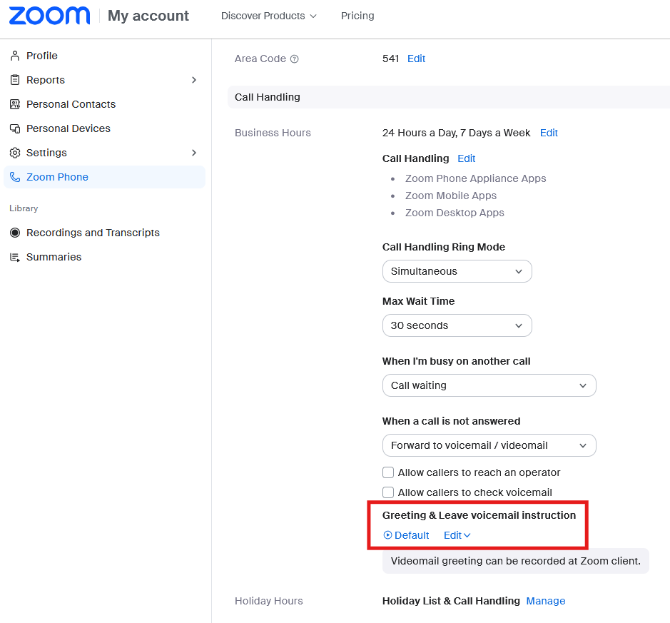 Within Zoom Phone settings in the Zoom web portal, highlighted is Greeting & leave voicemail instruction