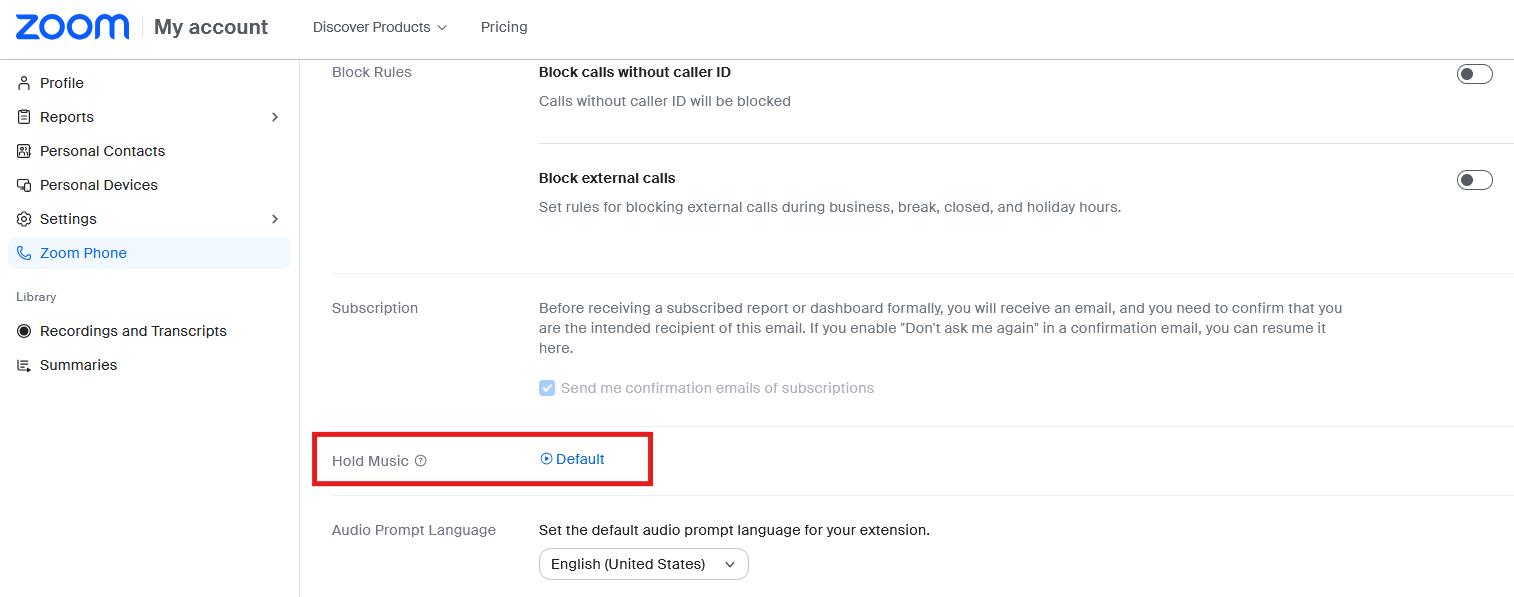 Within Zoom web portal, Zoom Phone Settings, Hold Music is highlighted